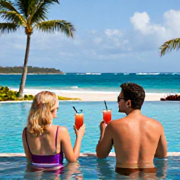 Caribbean Holidays, January Virgin Islands, Couple enjoying a relaxed adults-only resort pool with tropical drinks and a Caribbean sea view
