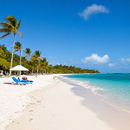 Caribbean Holidays, January Virgin Islands, White sandy beach with calm clear water, sun loungers and palm trees on St Thomas in January