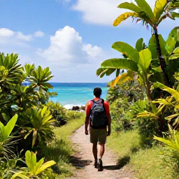 Caribbean Holidays, January Walking, A hiker walking along a lush coastal trail in Guadeloupe in January, with tropical vegetation and bright Caribbean sea