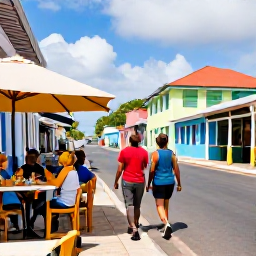 Caribbean Holidays, January Walking, Friendly outdoor caf&eacute; in Guadeloupe with walkers enjoying Creole food and a colourful village street nearby
