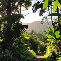 Caribbean Holidays, January Walking Holidays, A bright January morning on a forest walking trail in Trinidad, with tropical greenery, distant hills and gentle sunlight