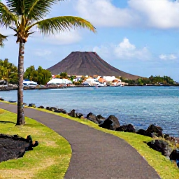 Caribbean Holidays, January Walking Holidays, A coastal walking path beside calm turquoise water on Nevis, with palm trees, volcanic hills and a small fishing village nearby