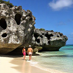 Caribbean Holidays, January Walking Holidays, A couple walking beside dramatic limestone rocks and a quiet turquoise cove on North Caicos, Turks and Caicos Islands