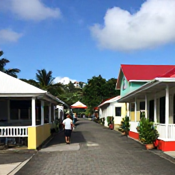 Caribbean Holidays, January Walking Holidays, A friendly Caribbean village street with local caf&eacute;s, colourful buildings and walkers exploring Saint Vincent and the Grenadines