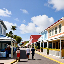 Caribbean Holidays, January Walking Holidays, A friendly Caribbean village street with walkers, colourful buildings, local caf&eacute;s and January sunlight in Saint Martin