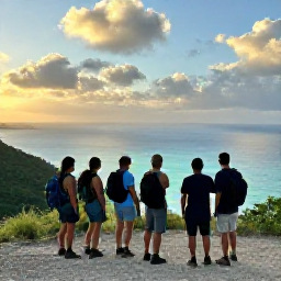 Caribbean Holidays, January Walking Holidays, A friendly group of walkers enjoying a scenic Caribbean viewpoint at sunset, with hiking boots, backpacks and a calm turquoise sea below
