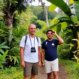 Caribbean Holidays, January Walking Holidays, A friendly local guide showing walkers tropical wildlife beside a trail in Trinidad, with binoculars, rainforest and colourful birds