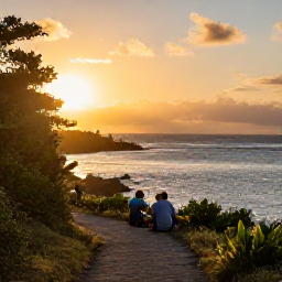 Caribbean Holidays, January Walking Holidays, A golden sunset over the Caribbean sea viewed from a Saint Kitts walking trail, with walkers resting near the coastline