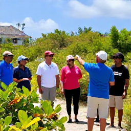 Caribbean Holidays, January Walking Holidays, A local guide pointing out native plants and birds to visitors on a sunny Turks and Caicos nature walk