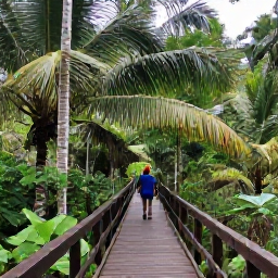 Caribbean Holidays, January Walking Holidays, A peaceful rainforest walking trail in the Caribbean with hikers crossing a wooden bridge beneath tall palms and lush tropical foliage