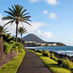 Caribbean Holidays, January Walking Holidays, A peaceful walking path beside the sea on Nevis, with palm trees, volcanic hills and a small historic village in the distance