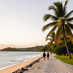 Caribbean Holidays, January Walking Holidays, A quiet Caribbean beach near a walking trail in the U.S. Virgin Islands, with walkers, palm trees and warm evening light