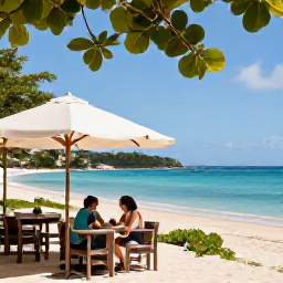 Caribbean Holidays, January Walking Holidays, A relaxed couple taking a break at a beach caf&eacute; after a walk on Saint Martin, with tropical scenery and a calm blue sea in January