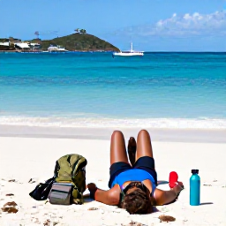 Caribbean Holidays, January Walking Holidays, A relaxed walker resting beside a quiet Caribbean beach with hiking essentials and a water bottle on Saint Barth&eacute;lemy