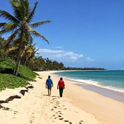 Caribbean Holidays, January Walking Holidays, A scenic coastal walking path in Tobago with turquoise sea, golden sand, palms and walkers enjoying the January sunshine