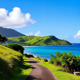 Caribbean Holidays, January Walking Holidays, A scenic coastal walking trail on Saint Kitts with green hills, turquoise sea and warm January sunshine