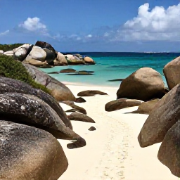 Caribbean Holidays, January Walking Holidays, A scenic footpath descending towards a quiet white-sand beach on Virgin Gorda, with granite boulders and calm turquoise water