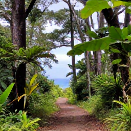 Caribbean Holidays, January Walking Holidays, A scenic forest trail in Tobago&rsquo;s Main Ridge Forest Reserve, with towering trees, tropical plants and glimpses of blue sea beyond the path