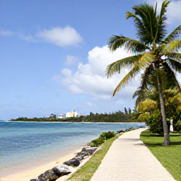 Caribbean Holidays, January Walking Holidays, A scenic walking path beside a sandy beach on St Croix, with palm trees, calm blue water and a small historic building in the distance