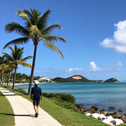 Caribbean Holidays, January Walking Holidays, A walker exploring a palm-lined coastal path near Grand Case, Saint Martin, with calm water, small bays and a sunny January sky
