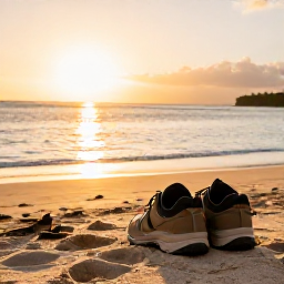 Caribbean Holidays, January Walking Holidays, Comfortable walkers resting beside a Caribbean beach at sunset, with walking shoes, calm sea and warm golden light