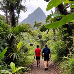Caribbean Holidays, January Walking Holidays, Hikers following a lush rainforest trail in Saint Lucia in January, with Pitons visible in the distance