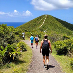 Caribbean Holidays, January Walking Holidays, Hikers following a peaceful tropical trail through Virgin Islands National Park on St John, with green hills and glimpses of the Caribbean Sea