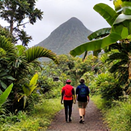 Caribbean Holidays, January Walking Holidays, Hikers following a rainforest trail towards La Soufri&egrave;re on Saint Vincent, with tropical vegetation and mountain scenery