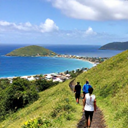 Caribbean Holidays, January Walking Holidays, Hikers on a green hillside trail overlooking the Caribbean Sea and neighbouring islands from Saint Martin