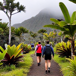 Caribbean Holidays, January Walking Holidays, Hikers walking along a forest path on Mount Liamuiga, surrounded by tropical plants and misty mountain scenery