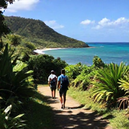 Caribbean Holidays, January Walking Holidays, Hikers walking along a scenic Caribbean coastal trail in warm January sunshine, with turquoise sea, green hills and tropical vegetation
