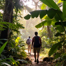 Caribbean Holidays, January Walking Holidays, Hikers walking through lush rainforest on Trinidad, with broad tropical leaves, filtered morning sunlight and a knowledgeable local guide