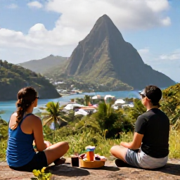 Caribbean Holidays, January Walking Holidays, Relaxed walkers enjoying a quiet tropical viewpoint in Saint Lucia after a morning hike, with refreshments and Caribbean scenery