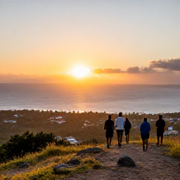Caribbean Holidays, January Walking Holidays, Walkers enjoying a golden sunset from a hilltop viewpoint overlooking Saint Kitts, Nevis and the Caribbean Sea