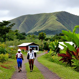 Caribbean Holidays, January Walking Holidays, Walkers exploring a green valley trail near Maracas in Trinidad, with dramatic hills, tropical plants and a small roadside food stop