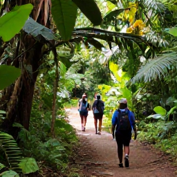 Caribbean Holidays, January Walking Holidays, Walkers exploring a rainforest trail on Mount Liamuiga in Saint Kitts, surrounded by lush tropical plants and filtered sunlight
