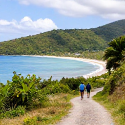 Caribbean Holidays, January Walking Holidays, Walkers following a coastal path near Paria Bay in Trinidad, with forested hills, dramatic coastline and calm Caribbean water