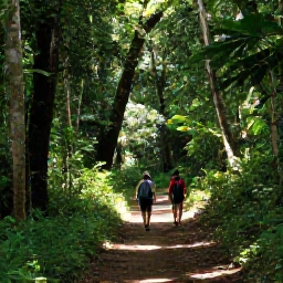 Caribbean Holidays, January Walking Holidays, Walkers following a shaded rainforest trail in the Main Ridge Forest Reserve, Tobago, with tall trees and dappled sunlight