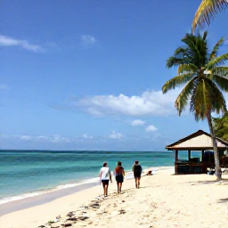 Caribbean Holidays, January Walking Holidays, Walkers relaxing at a quiet Caribbean beach in Tobago after a hike, with turquoise water, palm trees and a small local caf&eacute; nearby