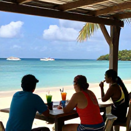 Caribbean Holidays, January Walking Holidays, Walkers resting at a Caribbean beach caf&eacute; after a morning hike, with tropical drinks, sea views and boats in the distance