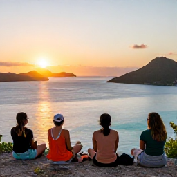 Caribbean Holidays, January Walking Holidays, Walkers resting at a Caribbean viewpoint in the U.S. Virgin Islands at sunset, looking over islands and calm turquoise water