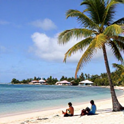 Caribbean Holidays, January Walking Holidays, Walkers resting at a small Caribbean beach in January, with palm trees, calm blue water and a local village nearby