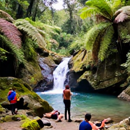 Caribbean Holidays, January Walking, Tropical Guadeloupe rainforest trail beside a clear waterfall, with walkers resting among green ferns and mossy rocks