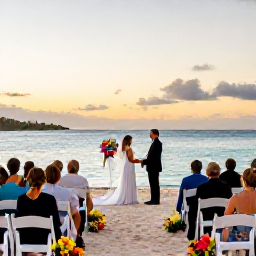 Caribbean Holidays, January Weddings, A beachfront wedding ceremony in St Thomas at sunset, with white chairs, tropical flowers, calm turquoise sea and a small group of guests