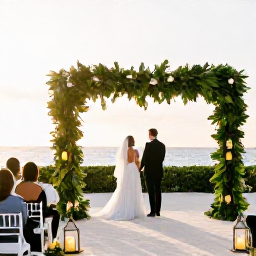 Caribbean Holidays, January Weddings, A bride and groom enjoying a stylish outdoor wedding reception beside the sea in Turks and Caicos, with tropical greenery and lanterns at sunset