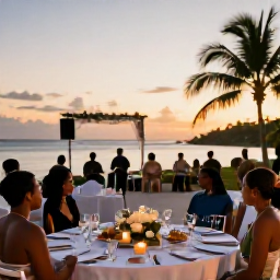 Caribbean Holidays, January Weddings, A Caribbean wedding reception in Trinidad and Tobago at sunset, with tropical food, candles and guests enjoying live music