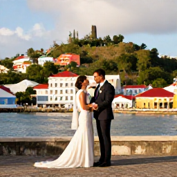 Caribbean Holidays, January Weddings, A couple exploring St George's Grenada after their wedding, with colourful buildings, a hillside harbour and warm afternoon light
