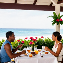Caribbean Holidays, January Weddings, A couple sharing a relaxed wedding breakfast at an open-air Caribbean restaurant, with tropical fruit, flowers and views across the sea