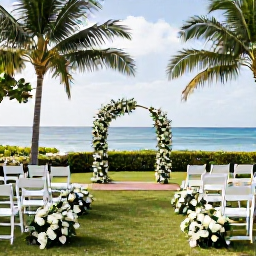 Caribbean Holidays, January Weddings, A Grenadian wedding ceremony in a tropical garden, with white flowers, simple wooden chairs and the sea visible beyond