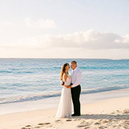 Caribbean Holidays, January Weddings, A happy couple standing on a quiet Barbados beach in January, with soft morning sunlight, turquoise sea and pale sand
